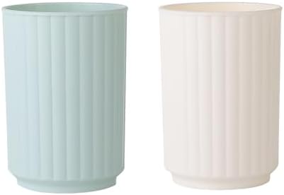 Wide Striped Toothbrush Cup 2Pcs - Reusable Bathroom Cup White Green