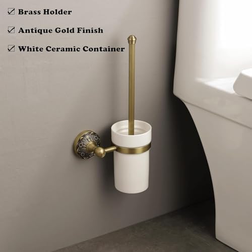 Antique Brass Toilet Brush Holder Set - Wall Mounted
