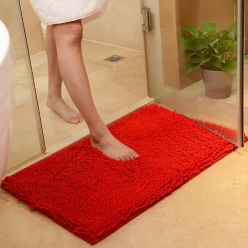JAIJY Red Plush Chenille Bath Rug 13x19 Non-Slip Shaggy Mat