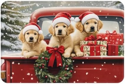 Rustic Christmas Red Truck With Dogs Bath Mat 1