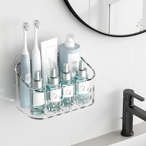 TZAMLI Wall Mounted Shower Organizer Clear Acrylic Storage Basket Self-Adhesive Shelf for Bathroom Kitchen Pantry