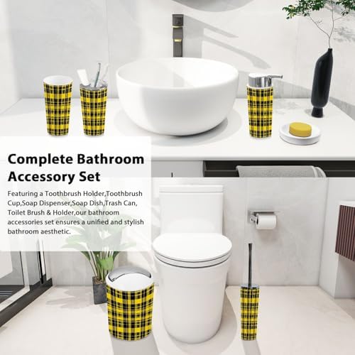 Boho Yellow Black Tartan Bathroom Accessory Set 6 Piece 1