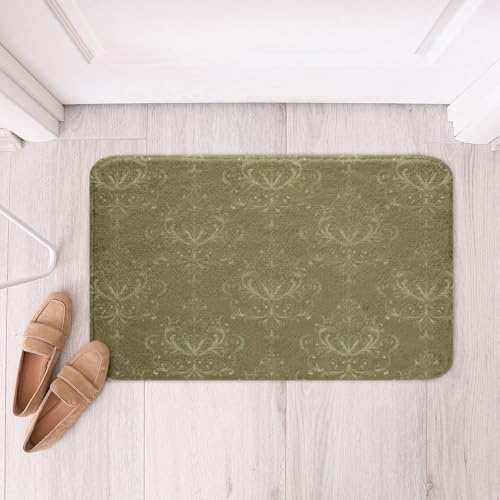 Erosebridal Dark Olive Green Damask Bath Rug 16x24 Non-Slip Vintage Floral Print Floor Mat