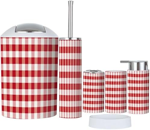 Boho Red Plaid Gingham Bathroom Accessory Set 6 Piece