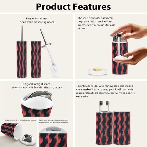 Boho Bathroom Accessory Set 6 Piece Trendy Red Black Abstract