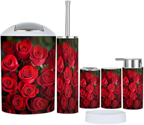Boho 6 Piece Bathroom Accessory Set with Red Roses Design