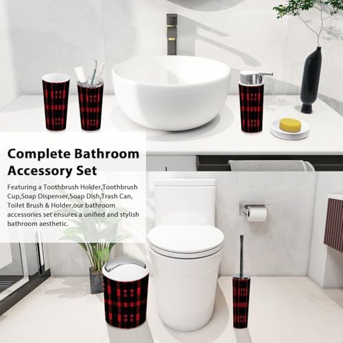 Boho Bathroom Accessory Set 6 Piece Red Black Green Tartan Plaid