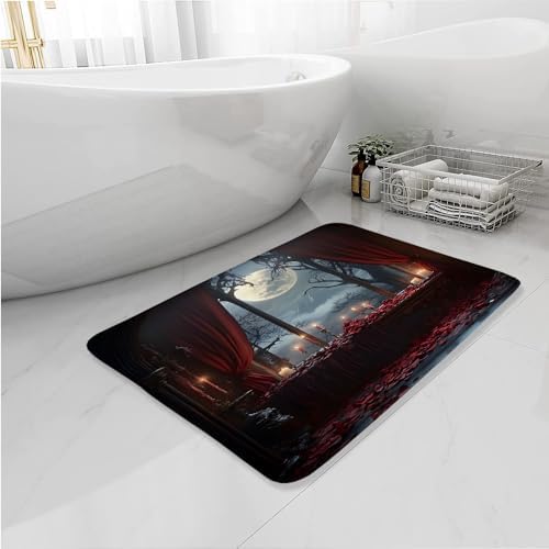 Gothic Bath Mat Medieval Castle Full Moon Spooky Red Rose Floral Halloween Witchcraft Memory Foam Rug