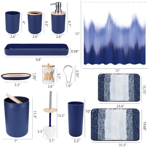 iMucci Navy Blue Bathroom Set with Shower Curtain and Rug 1