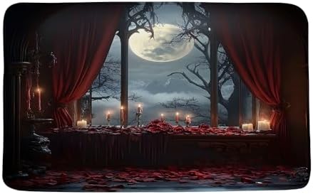 Gothic Bath Mat Medieval Castle Full Moon Spooky Red Rose Floral Halloween Witchcraft Memory Foam Rug