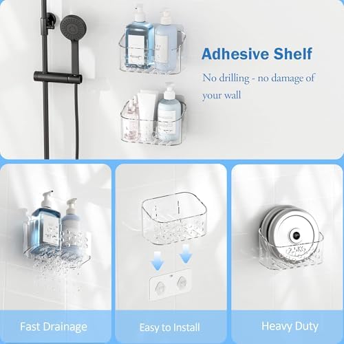 TZAMLI Wall Mounted Shower Organizer Clear Acrylic Storage Basket Self-Adhesive Shelf for Bathroom Kitchen Pantry