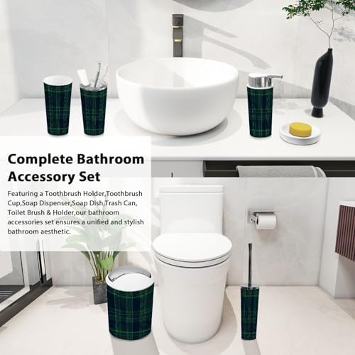 Boho Blue Green Tartan Plaid 6-Piece Bathroom Accessory Set