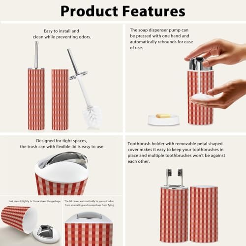 Boho Red Gingham Bathroom Accessories Set 6 Piece