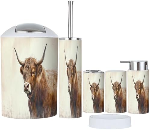 Boho Highland Cattle Bathroom Accessory Set of 6