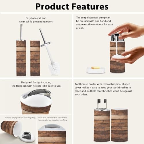 Boho Wooden Bathroom Accessories Set 6 Piece