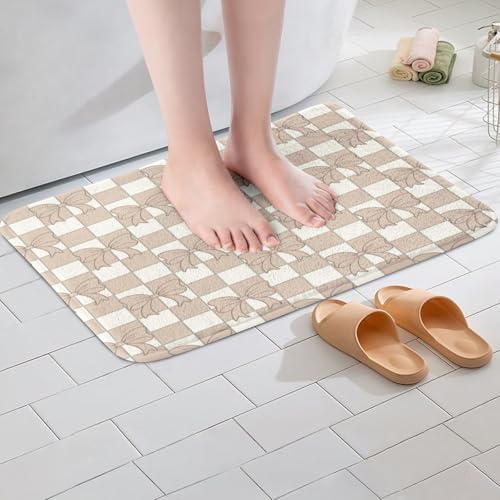 Light Pink Checkered Kids Door Mat Non Slip Bath Rug