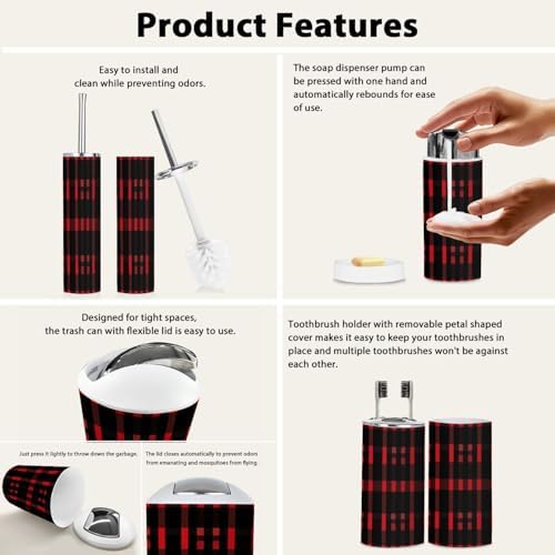 Boho Bathroom Accessory Set 6 Piece Red Black Green Tartan Plaid