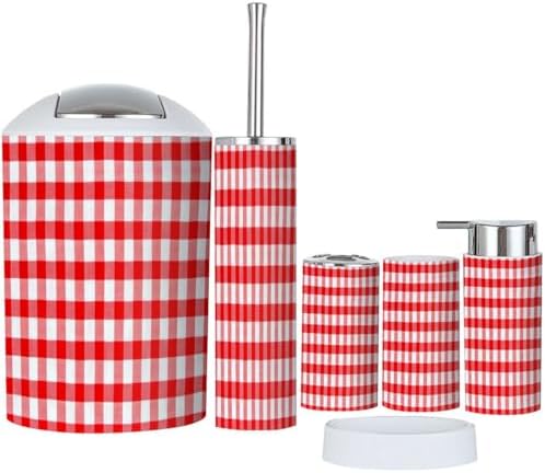Boho Red Gingham Bathroom Accessory Set 6 Piece