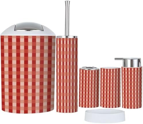 Boho Red Gingham Bathroom Accessories Set 6 Piece