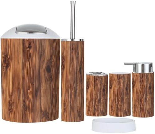 Boho Bathroom 6-Piece Wood Grain Accessories Set