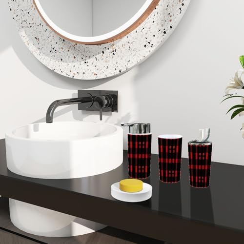 Boho Bathroom Accessory Set 6 Piece Red Black Green Tartan Plaid