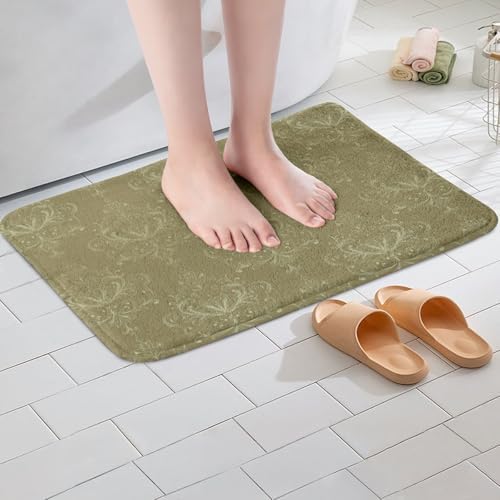 Erosebridal Dark Olive Green Damask Bath Rug 16x24 Non-Slip Vintage Floral Print Floor Mat