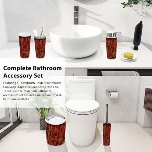 Boho Peony Bathroom Accessory Set 6 Piece Dark Red