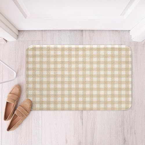 Erosebridal Khaki White Plaid Modern Bath Mat 16x24