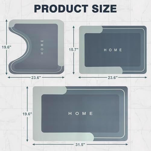 UGRASEA 3-Piece Modern Bath Mat Set Non-Slip Absorbent Quick-Drying Stain-Resistant Dark Gray