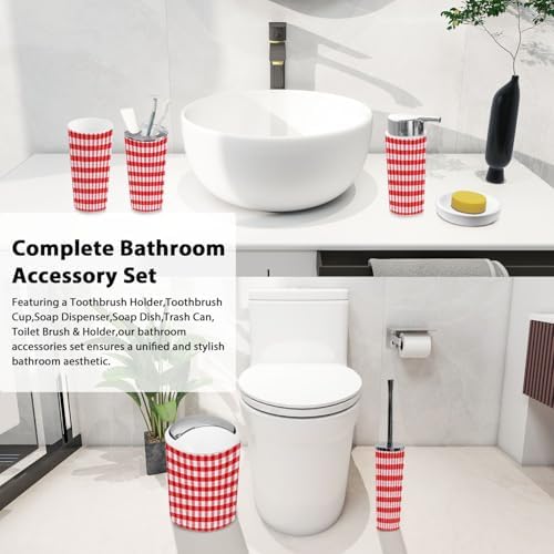 Boho Red Gingham Bathroom Accessory Set 6 Piece