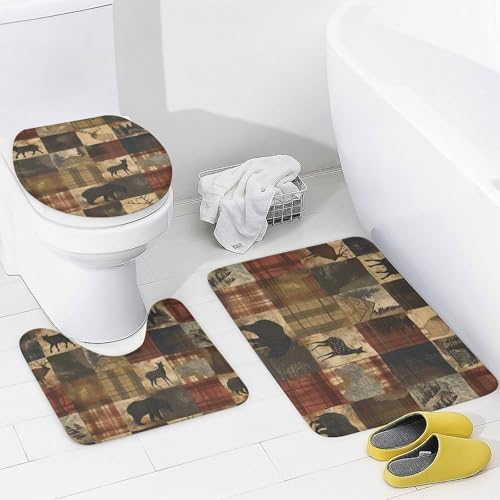4Pcs Farmhouse Elk Deer Shower Curtain Set with Rug and Liner