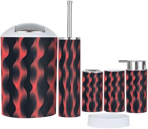 Boho Bathroom Accessory Set 6 Piece Trendy Red Black Abstract