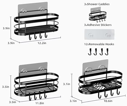 LGQXGO 3 Pack Adhesive Shower Caddy Organizer with 12 Hooks