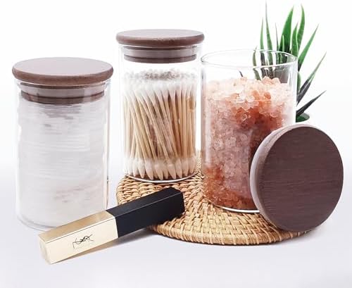 ZYIGYI 2 Pcs Glass Cotton Swabs Holder with Wood Lids