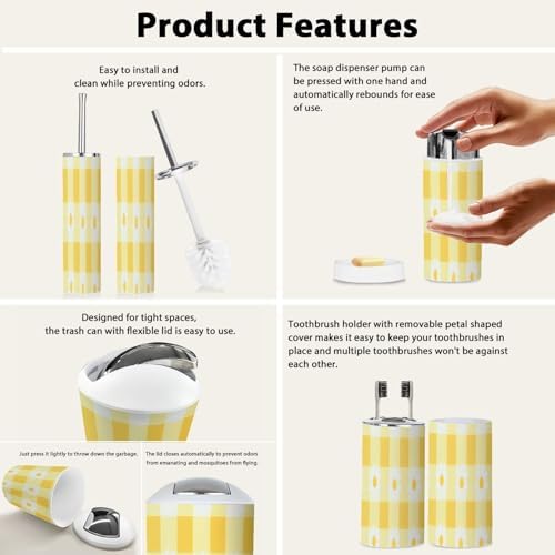 Boho Bathroom Accessory Set 6 Pieces White and Yellow
