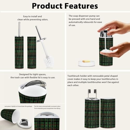 Boho Green Tartan Plaid 6-Piece Bathroom Accessory Set