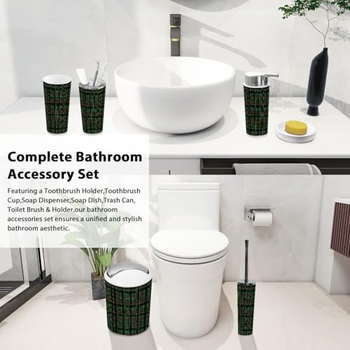 Boho Green Tartan Plaid 6-Piece Bathroom Accessory Set