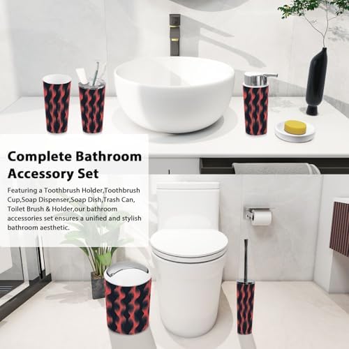 Boho Bathroom Accessory Set 6 Piece Trendy Red Black Abstract
