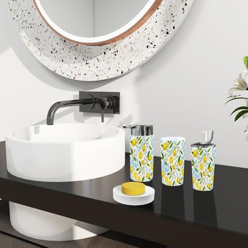 Boho Bathroom Accessory Set of 6 Pieces Yellow Lemon Fruits Floral