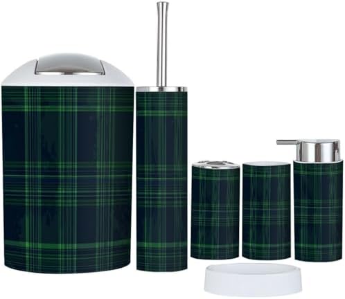 Boho Blue Green Tartan Plaid 6-Piece Bathroom Accessory Set