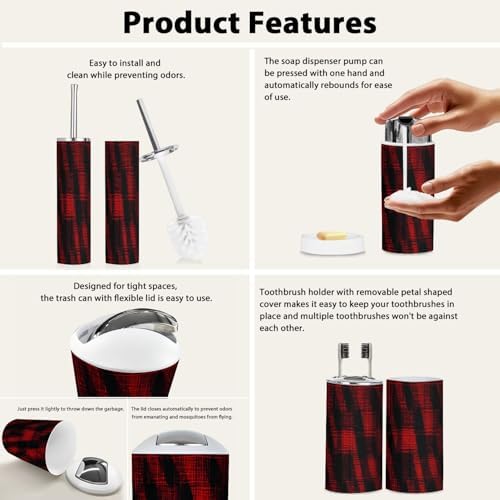 Boho Plaid Tartan Bathroom Accessories Set 6 Piece