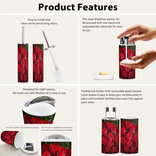 Boho 6 Piece Bathroom Accessory Set with Red Roses Design