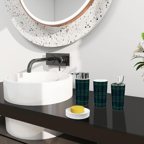 Boho Blue Green Tartan Plaid 6-Piece Bathroom Accessory Set