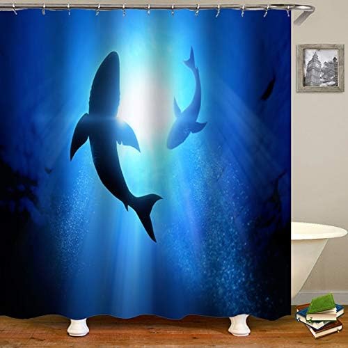 4PCS Fantasy Shark Bath Set Waterproof Curtain Non-Slip Rugs Blue Shark Design Kids Decor