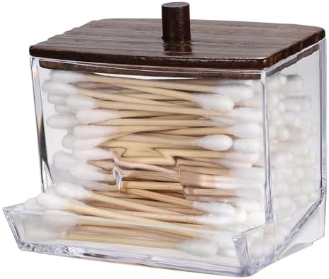 Hipiwe Clear Acrylic Q-Tip Holder with Wood Lid