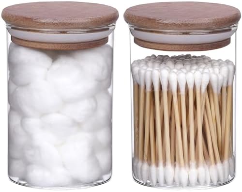 ZYIGYI 2 Pcs Glass Cotton Swabs Holder with Wood Lids