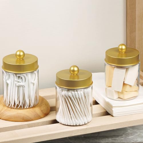 Amolliar Q-tip Holder Dispenser - 8oz Plastic Apothecary Jar Set for Bathroom Storage