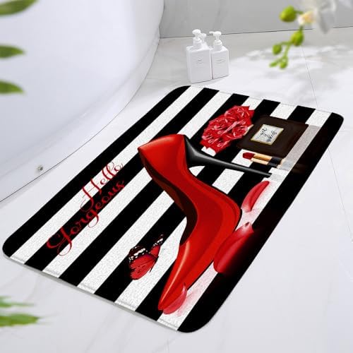 Black White Stripe Geometric Bath Mat 16x24 Inch 1