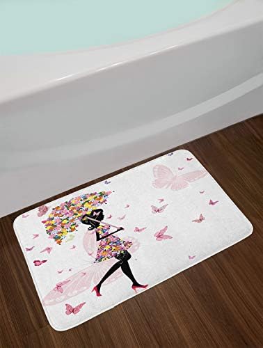 Ambesonne Feminine Bath Mat with Floral Art and Butterflies Design