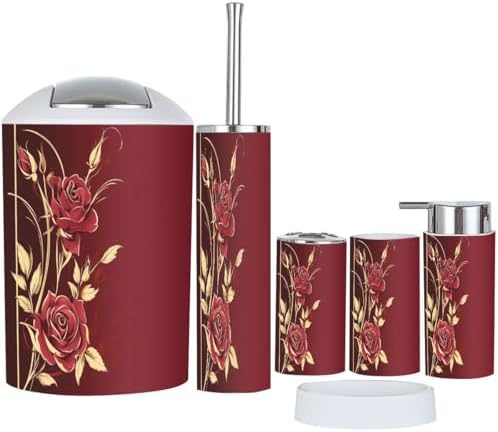 Boho Vintage Floral Gold Roses Bathroom Accessory Set 6 Piece 1